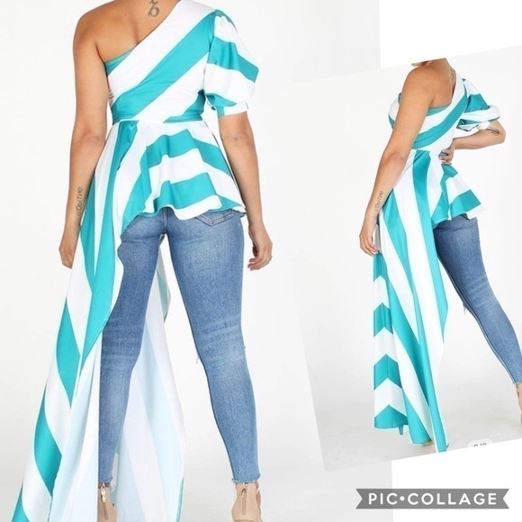 Ready for 🌞! Aqua Green & White One Shoulder Top - Picture 4 of 5